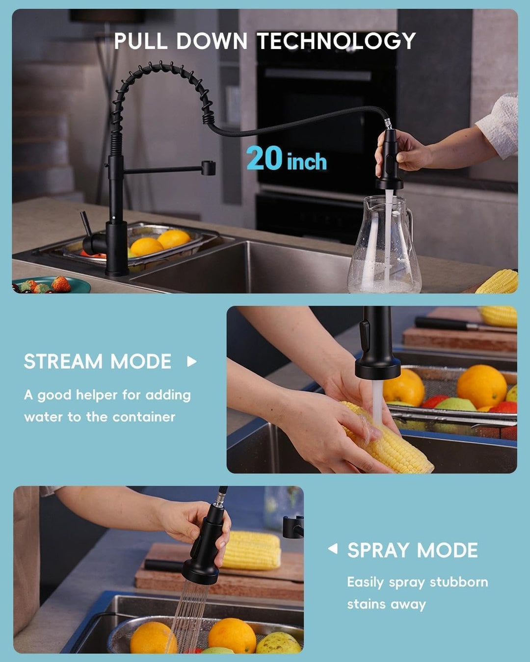 APPASO Niederdruck Wasserhahn Küche Schwarz, 360°drehbarer Wasserhahn für Küche mit Brause Ausziehba