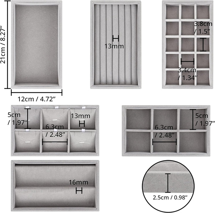 BELLE VOUS 6er Pack Stapelbarer Schmuck Organizer aus Grauem Samt - Schmuckeinsatz für Schubladen in