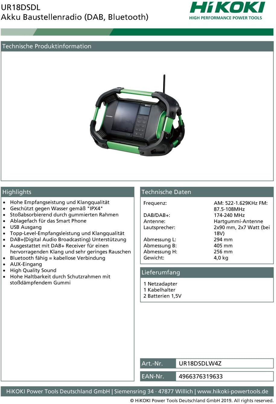 HiKOKI Akku-Baustellenradio UR18DSDL (Bluetooth, DAB+, USB, Wassergeschützt, AUX, Hohe Empfangsleist