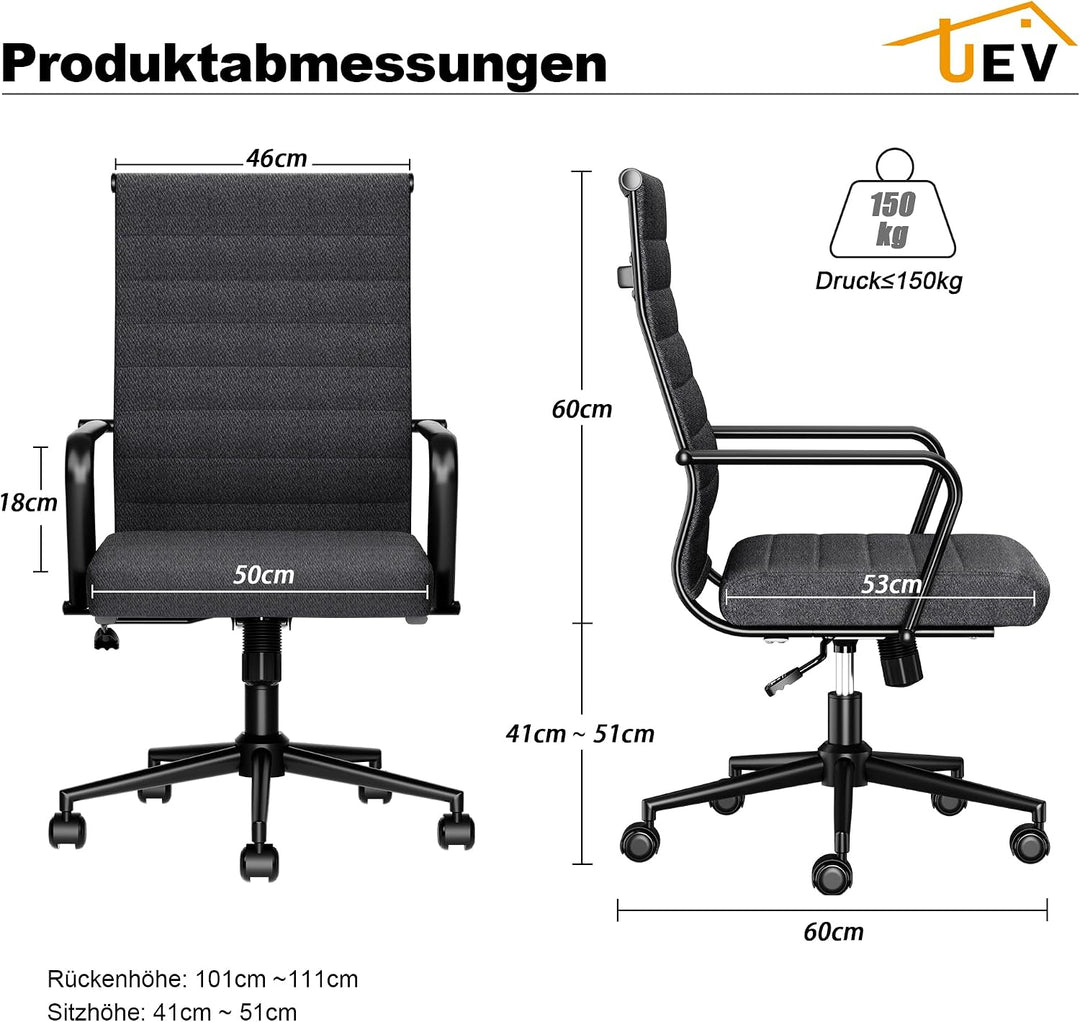 UEV Bürostuhl Ergonomisch Wippfunktion bis 150 kg belastbar Schreibtischstuhl mit Armlehne Drehstuhl