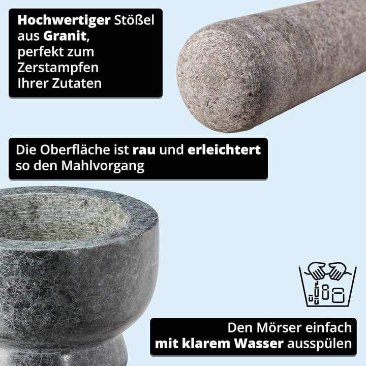 KHG Mörser mit Stössel aus Granit für Gewürze, gross XL mit 2,5 kg rutschfest, polierter Steinmörser