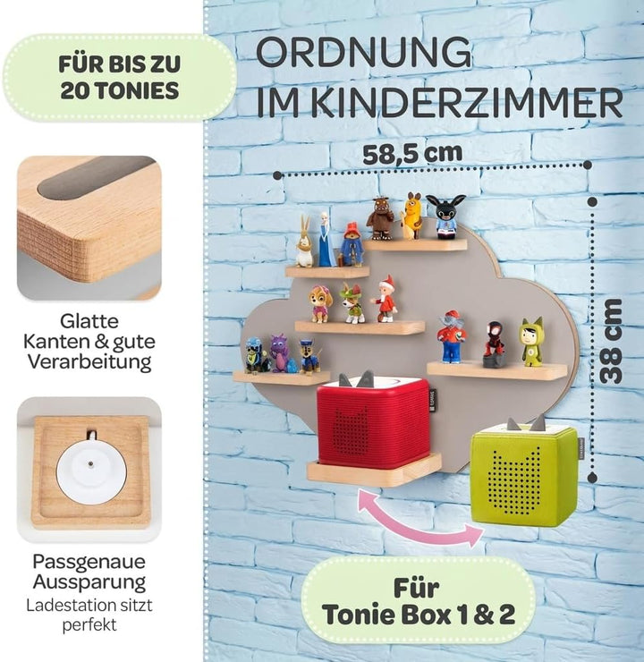 Tonie Regal Wolke Grau für Toniebox 1 & 2 [GRATIS Tragetasche] bis 20 Figuren - Mädchen und Junge -