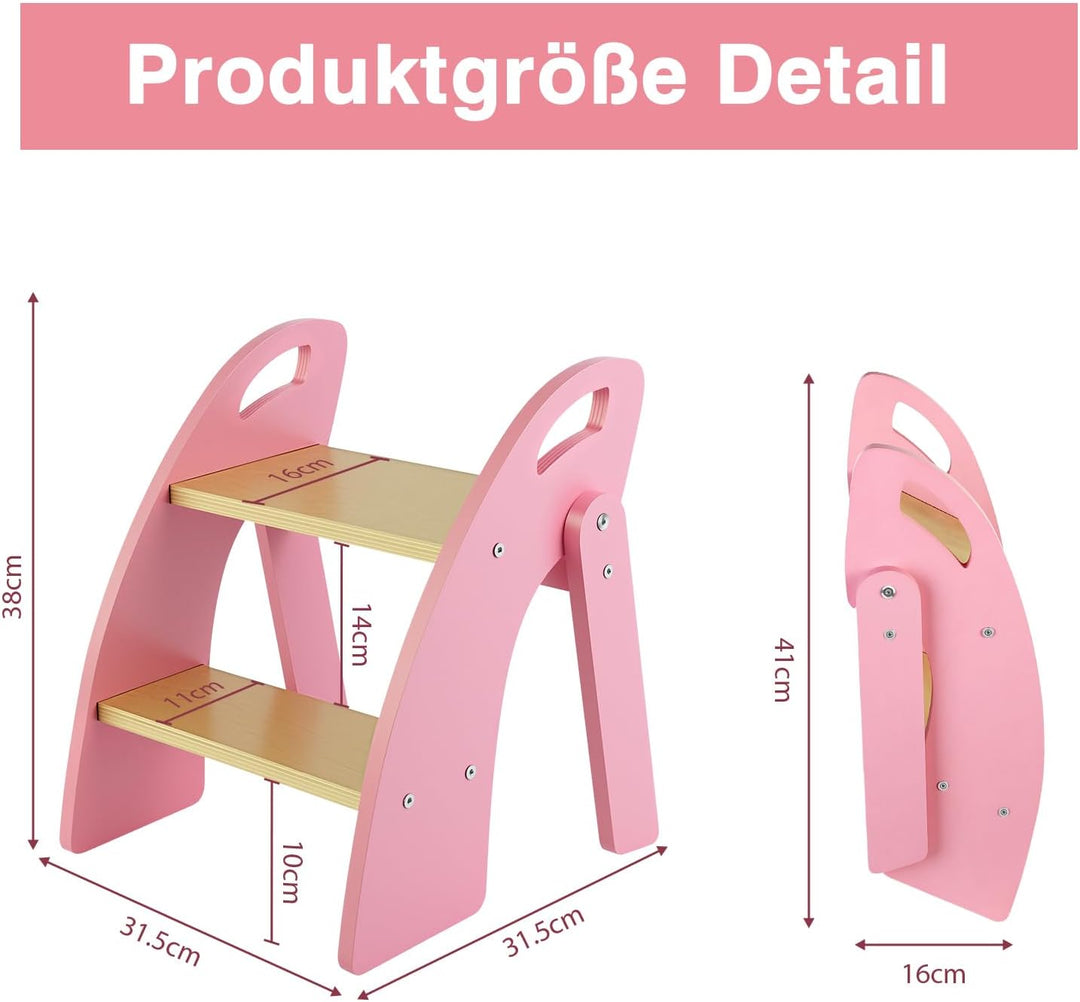Tritthocker Kinder 2 Stufen, Trittleiter Klappbar Holz mit Griff, Tragfähigkeit bis zu 135KG, Tritts