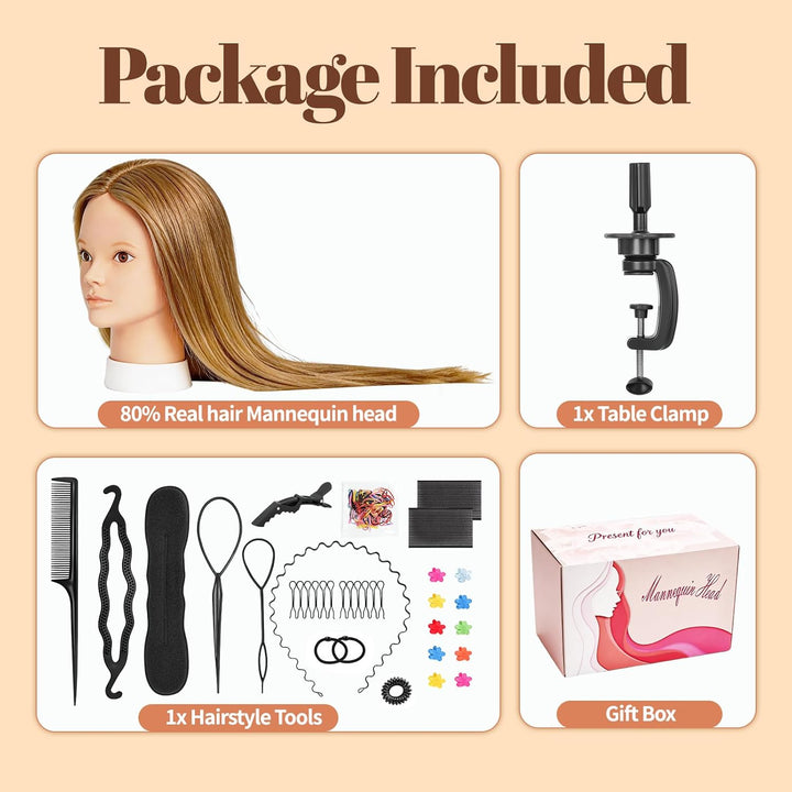 Yofuly 26Zoll/66cm Frisierkopf, 80% Echthaar Übungskopf, Make-up Frisieren Trainingsköpfe, Mannequin