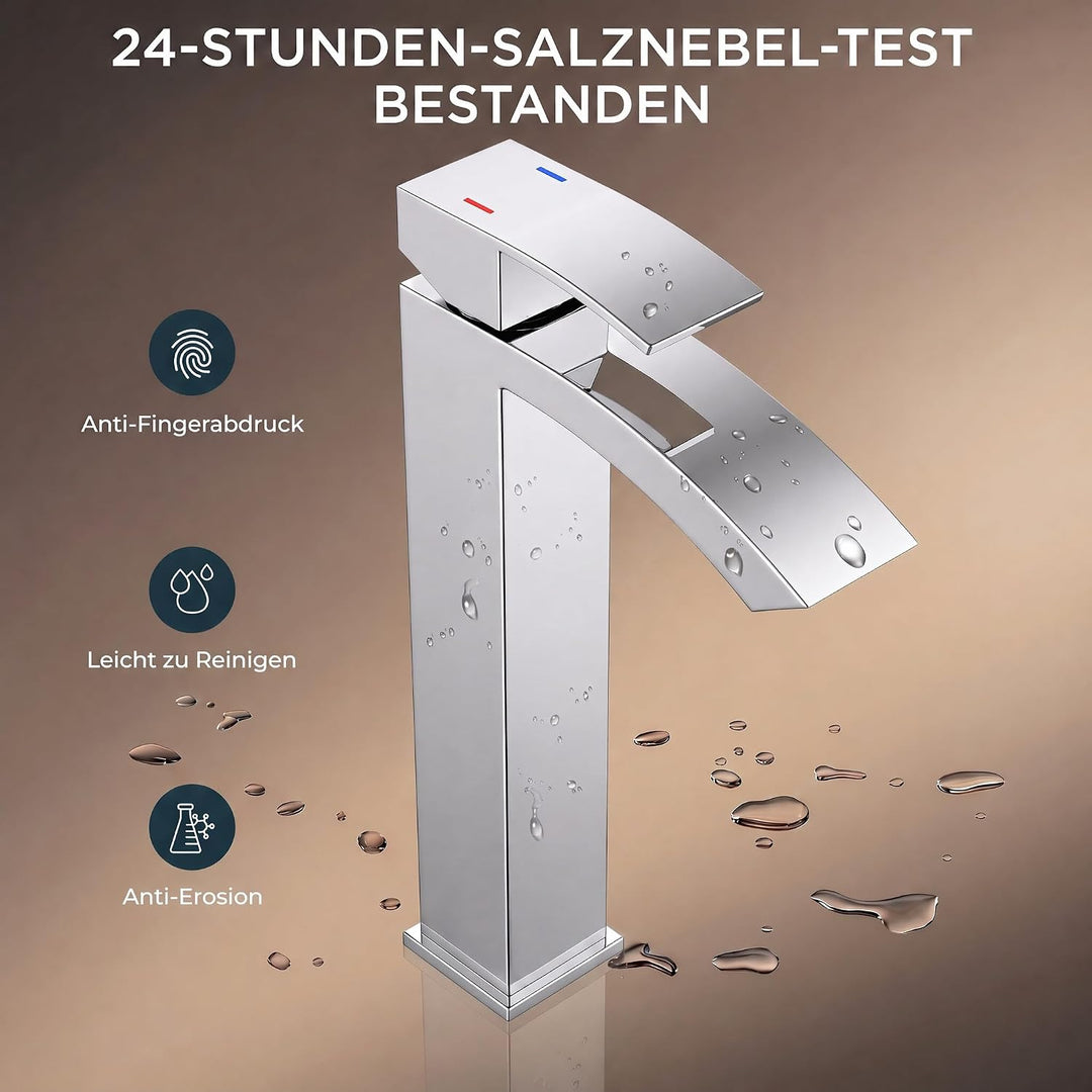 FORIOUS Wasserhahn Bad mit Ablaufgarnitur, Wasserfall Waschtischarmatur Hoch mit Auslauf Höhe 225 mm