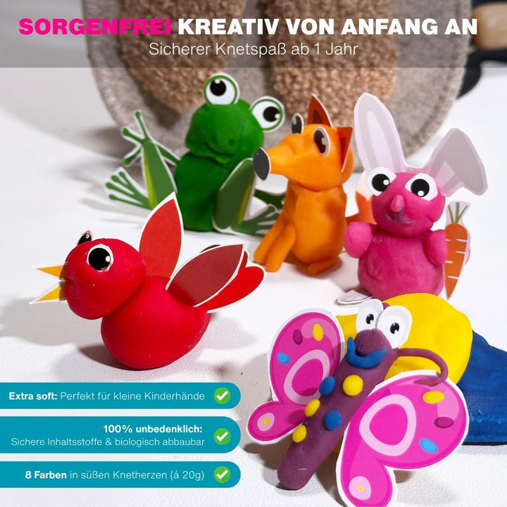 KNETÄ Knete ab 1 Jahr I Party Set I 24x vegane Kinderknete inkl. 3X Bastelkarte Tiermotive I Playdou