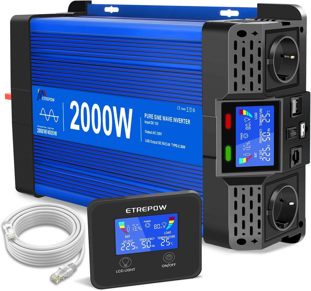 ETREPOW 2000W/4000W 12V Auf 230V Reiner Sinus Wechselrichter mit Fernbedienung, 2 EU Steckdosen, 2 U