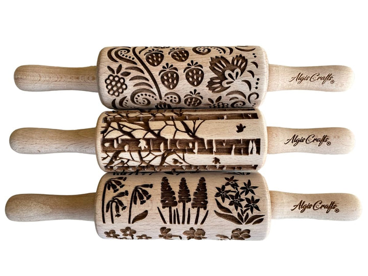 JAHRESZEITEN 3-er SET Kinder Nudelhölzer. Teigrolle mit Frühlingsblumen, Tulpen, Narzissen, Erdbeere