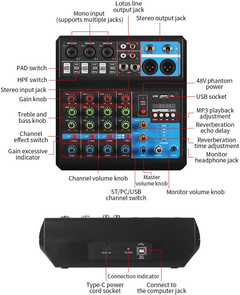 DJ Mischer 5-Kanal Professional 48V USB Mini Audio Mixer Audio Mischpult DJ Konsole Soundboard für S