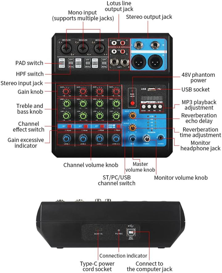 DJ Mischer 5-Kanal Professional 48V USB Mini Audio Mixer Audio Mischpult DJ Konsole Soundboard für S