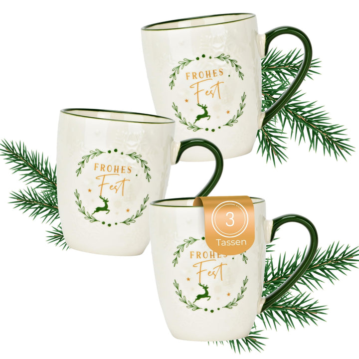 Weihnachtstassen 3er Set Frohes Fest, Kaffeetassen 360 ml - Tassen für Kaffee &amp; Tee für Weihnachten