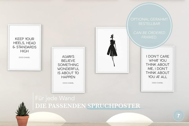 Papierschmiede® Premium Spruchposter Set 4er DIN A2 (42x59 cm) Motiv: Coco Heels, Fashion Quote, Pos