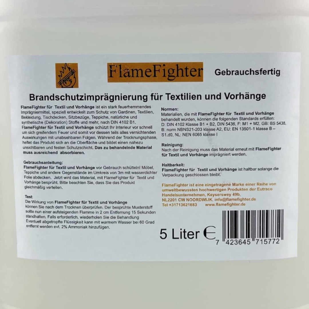 FlameFighter - 5 Liter Brandschutzimprägnierung Textilien und Vorhänge - Brandausbreitungstest besta