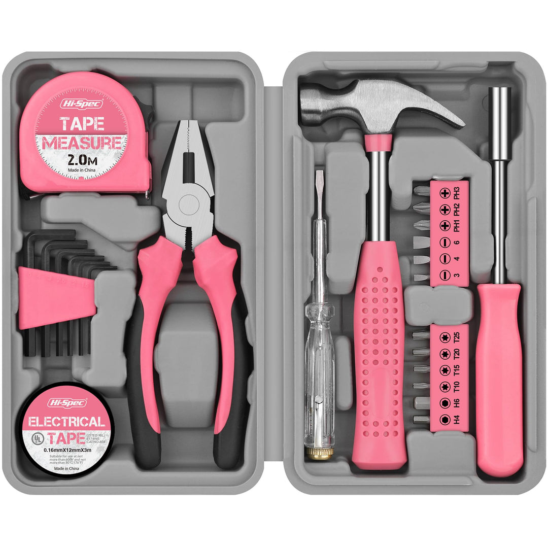 Hi-Spec 24tlg. Rosa Haushalts Mini Werkzeug-Set für Frauen passend für WG-Zimmer oder Unterwegs 24 T