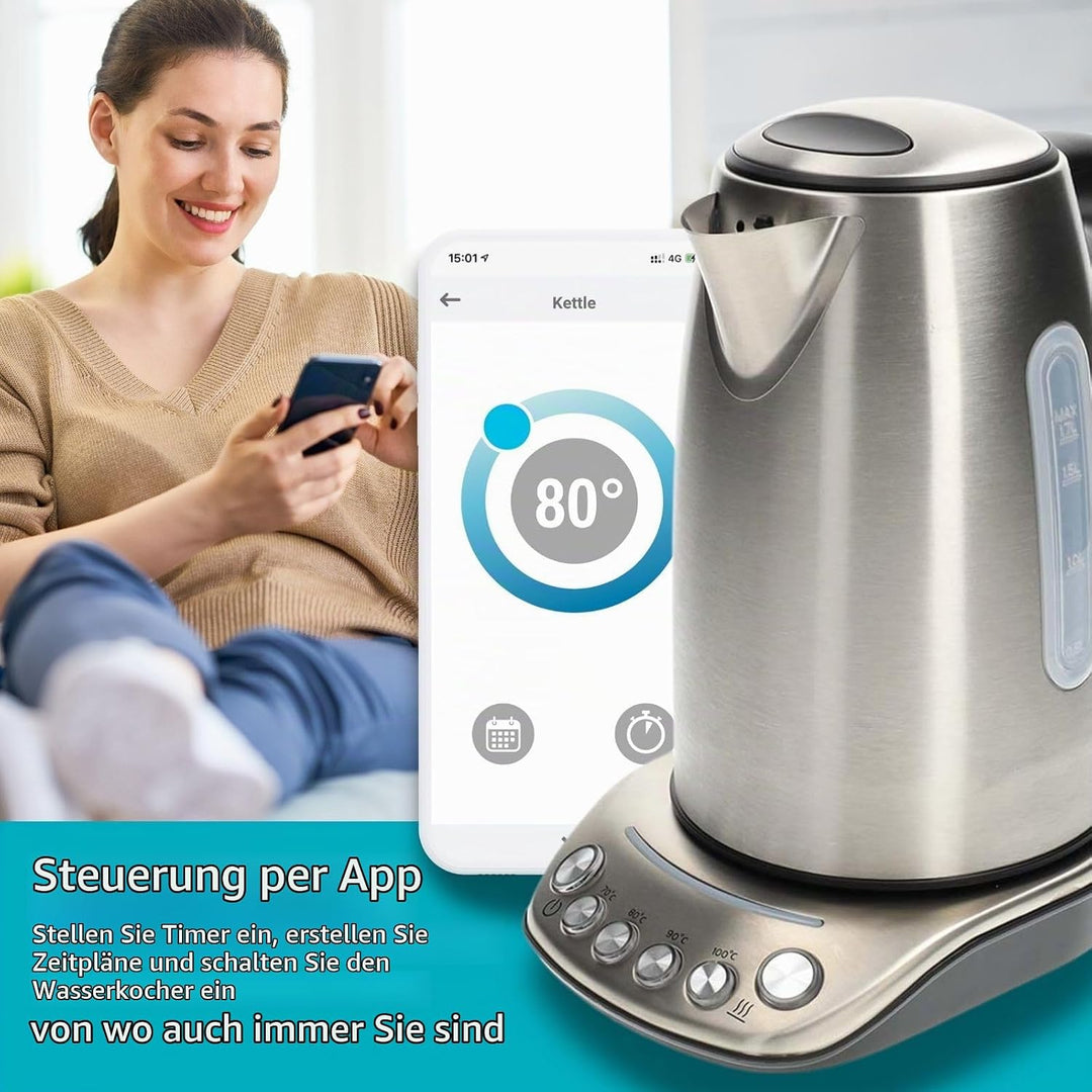 Nedis KAWK8000WIFI SmartLife Wasserkocher - Wi-Fi Steuerung - 1,7 l Edelstahl - 2200 W - Temperatura