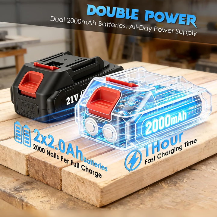Akku Nagler Set, 2-in-1 18GA Elektrotacker mit 2x 2,0Ah Akkus, Ladegerät &1000 Nägeln+1000 Klammern,