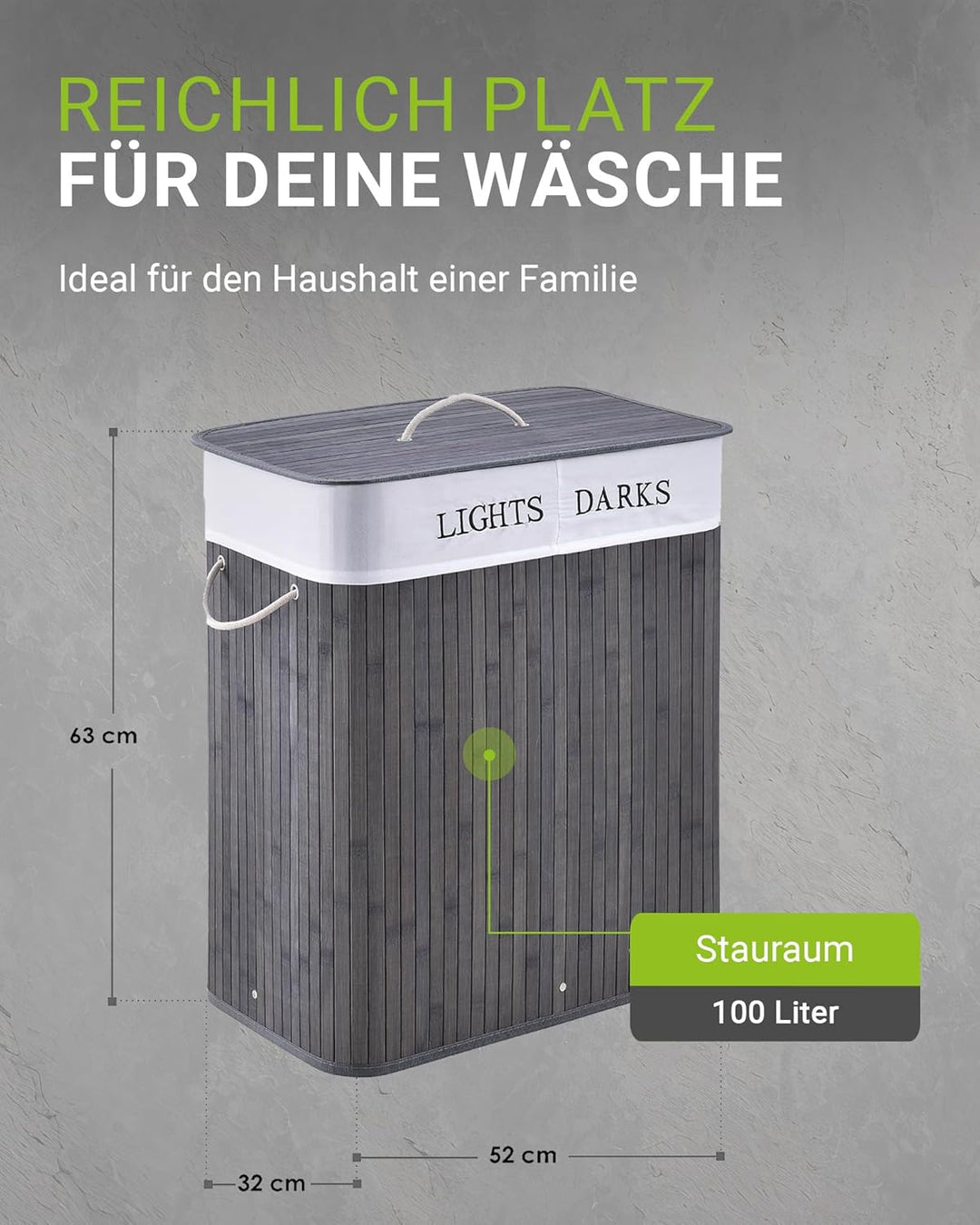 Juskys Bambus Wäschekorb Curly Grau 100L - Hygienischer Wäschekorb mit Deckel, Tragegriff & Wäschesa