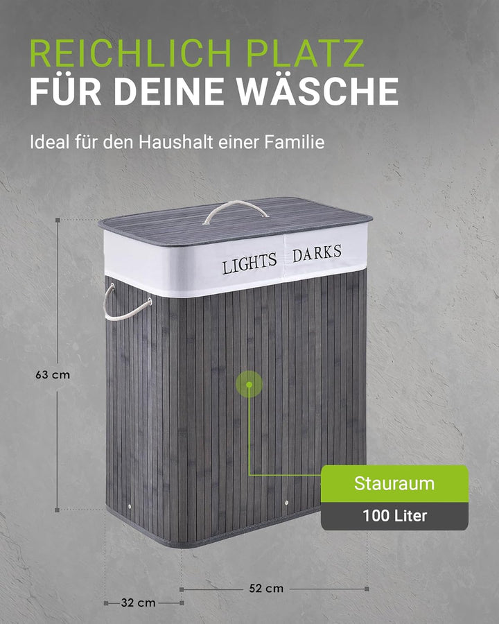 Juskys Bambus Wäschekorb Curly Grau 100L - Hygienischer Wäschekorb mit Deckel, Tragegriff & Wäschesa