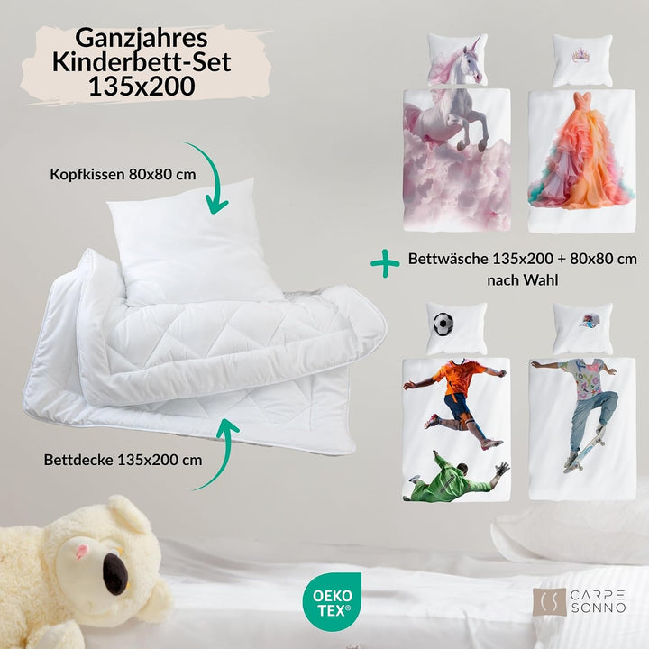 Carpe Sonno Kinderbettdecke und Kissen Set + Kinderbettwäsche 135x200 [Ganzjahres Kinder Bettdecken