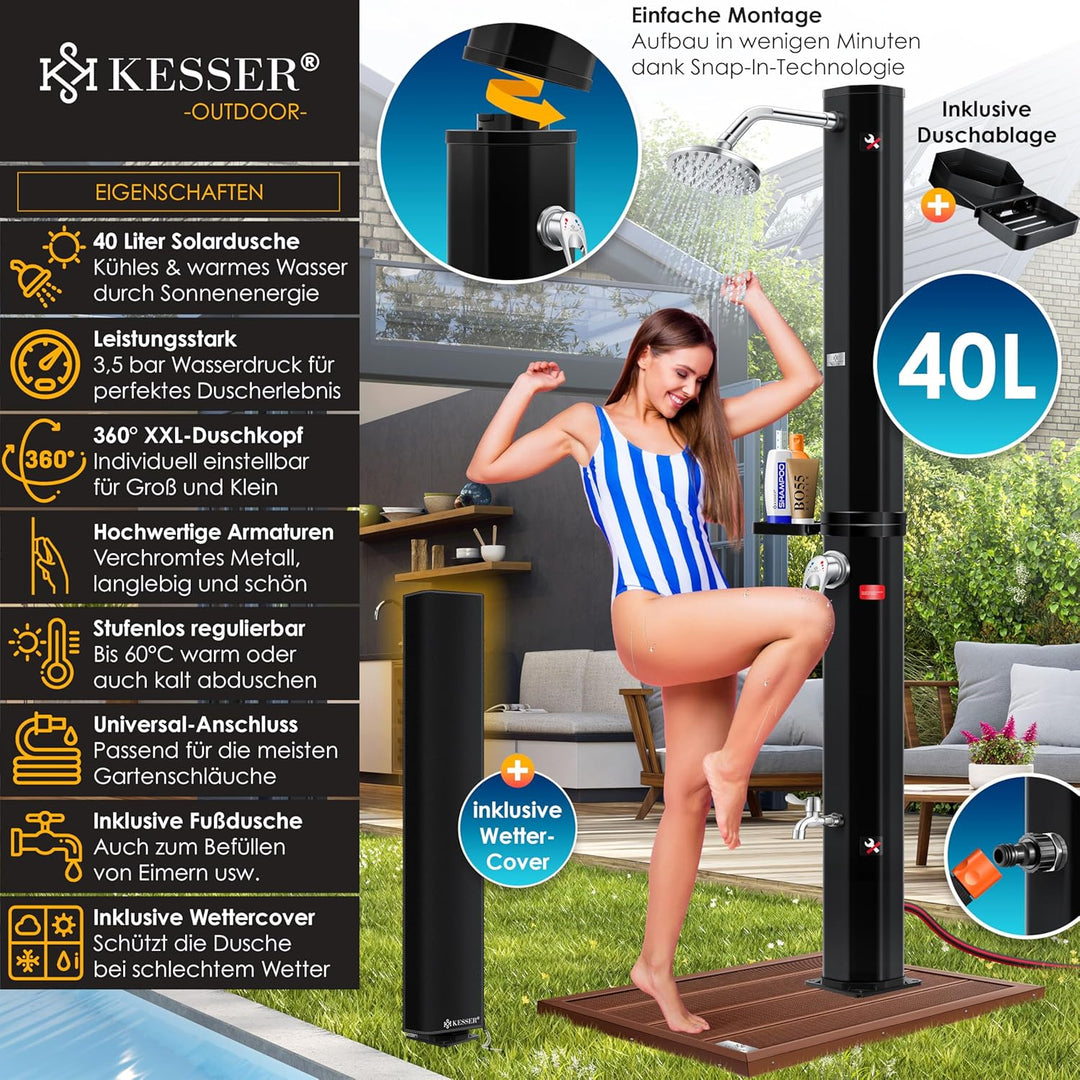 KESSER® Solardusche 40 Liter Solar Gartendusche | warmes Wasser | max. 60°C | Inkl. Schutzhaube | oh