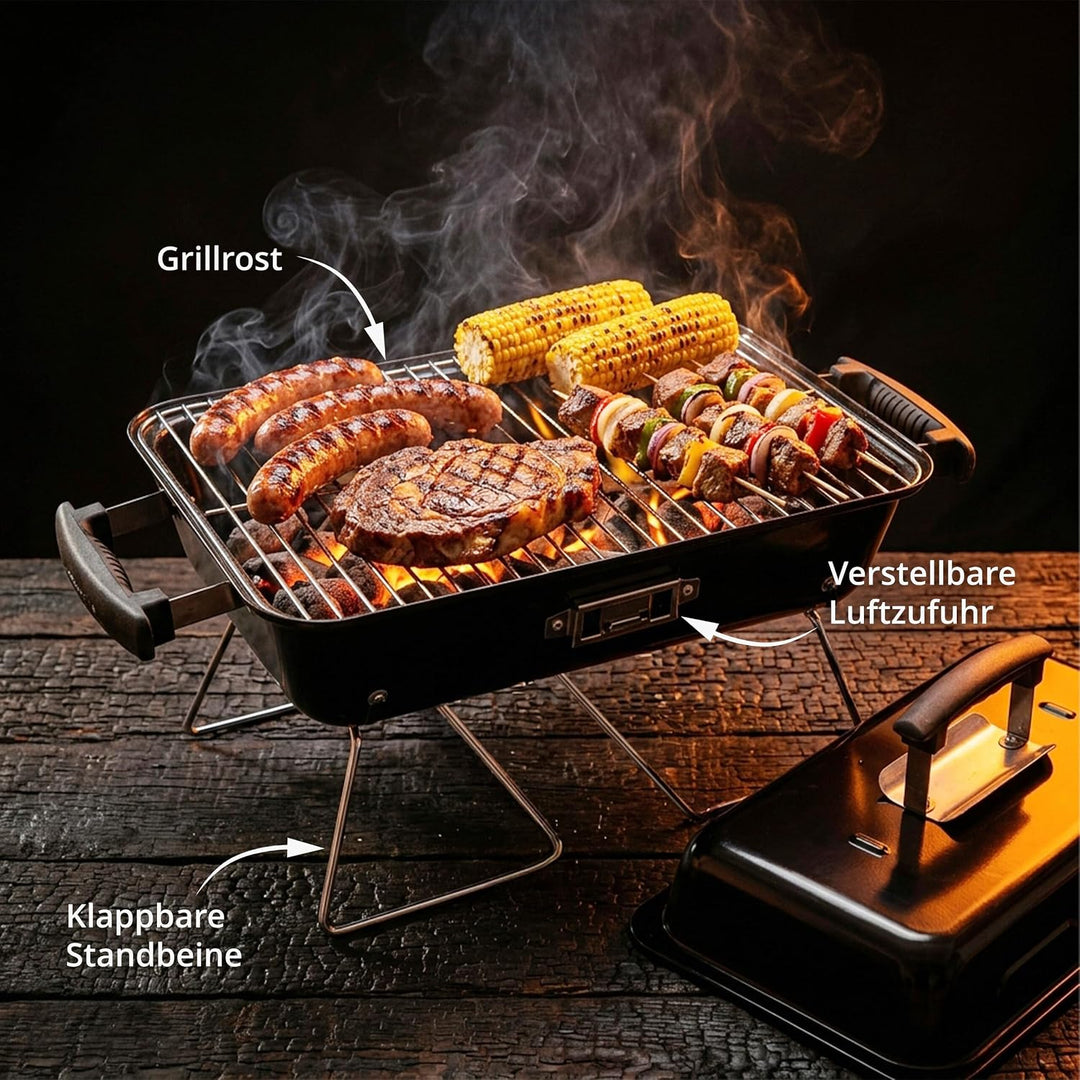 Relaxdays Tischgrill, tragbarer Klappgrill, HBT: 36 x 56 x 30,5 cm, Belüftung, Deckel, Campinggrill,