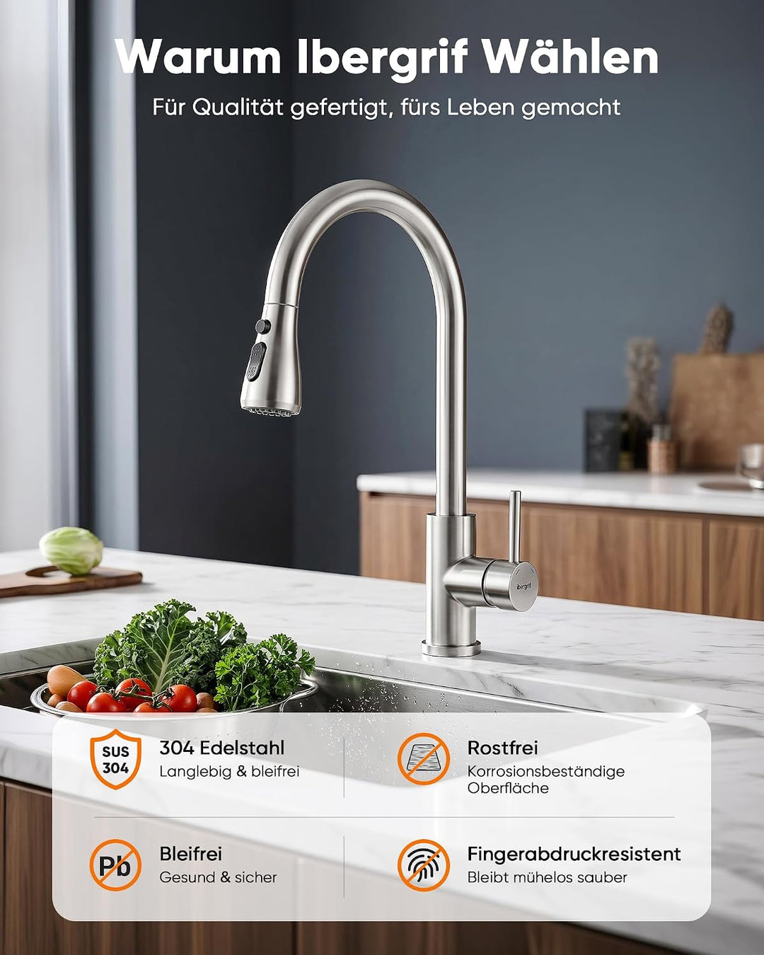 Ibergrif Wasserhahn Küche Ausziehbar Mischbatterie-Küchenarmatur Edelstahl 360° Schwenkbar, Amatur K