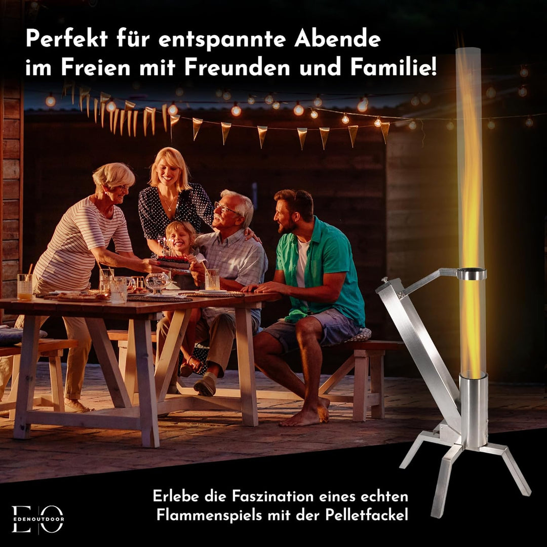 Edenoutdoor Pelletfackel Edelstahl – Feuerrohr mit Glasröhre, Feuersäule für Garten & Terrasse, deko