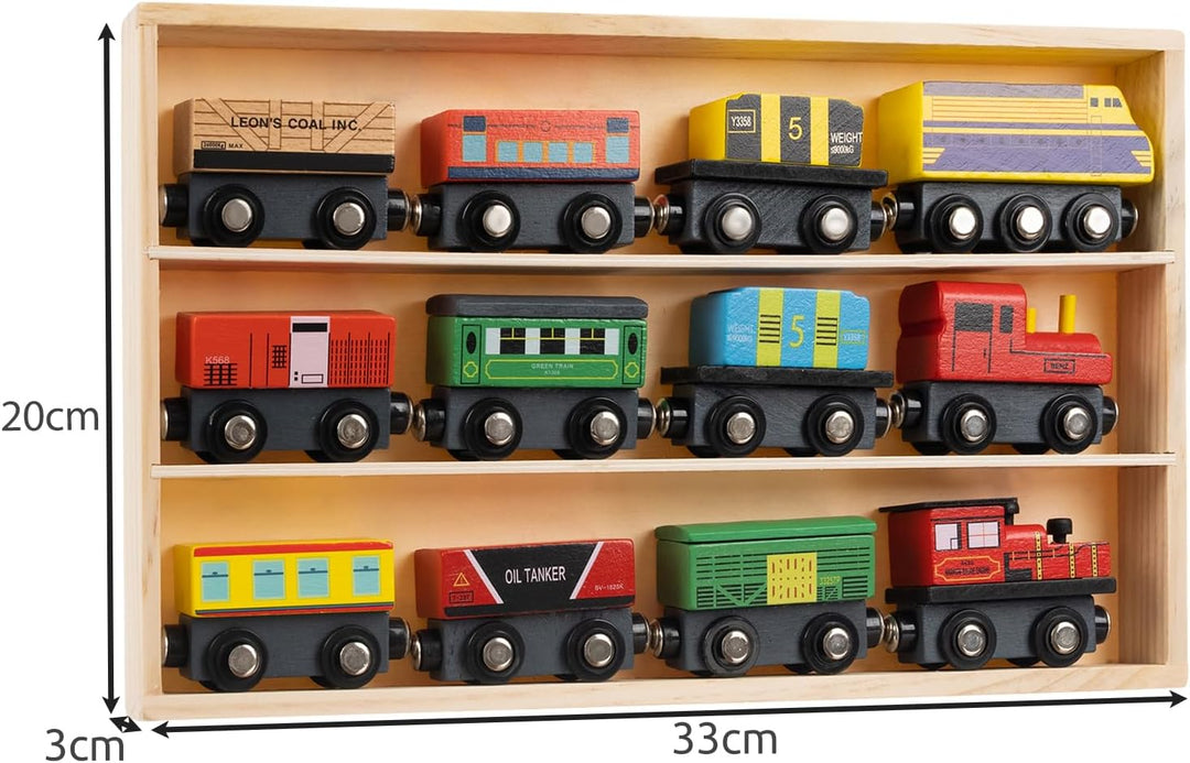 KRUZZEL Holzeisenbahn Set mit Organizer 3 Lokomotiven 9 Waggons Magneteisenbahn Montessori 23522
