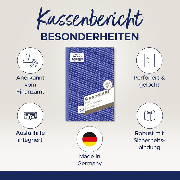 AVERY Zweckform 305-5 Kassenbericht (A5, 50 Blatt, mikroperforiert, retrograde Ermittlung der Tagese