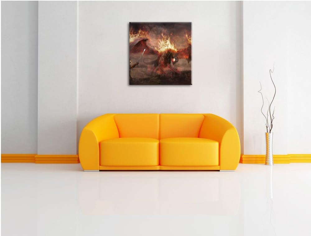 Pixxprint Ritter Drachen Feuer als Leinwandbild/Grösse: 70x70 cm/Wandbild/Kunstdruck/fertig bespannt