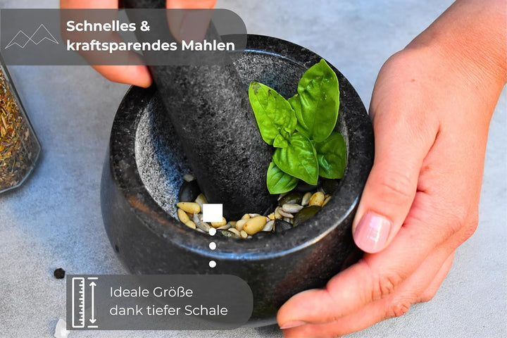 BERGART Mörser mit Stössel – Edler Mörser aus hochwertigem Granit mit extra langem Stössel und stabi
