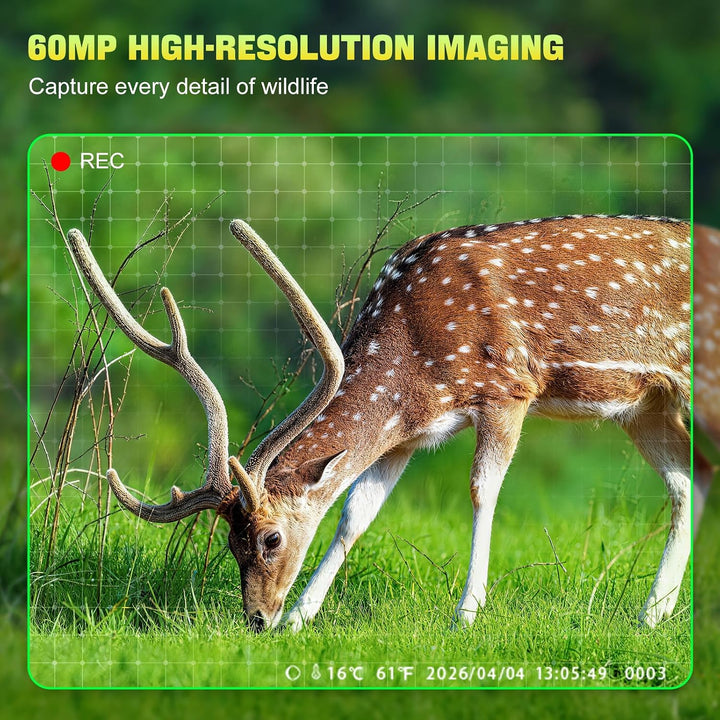 Wildkamera 60MP, 0,1 s Auslösegeschwindigkeit, 120° Weitwinkel, Wildtierkamera mit 850 nm IR LEDs, W