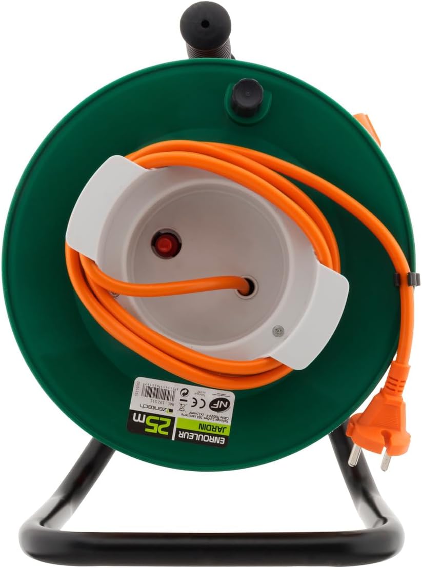 Enrouleur sans prise - 2 x 1,5 mm² - 25m pied métal + coupe circuit