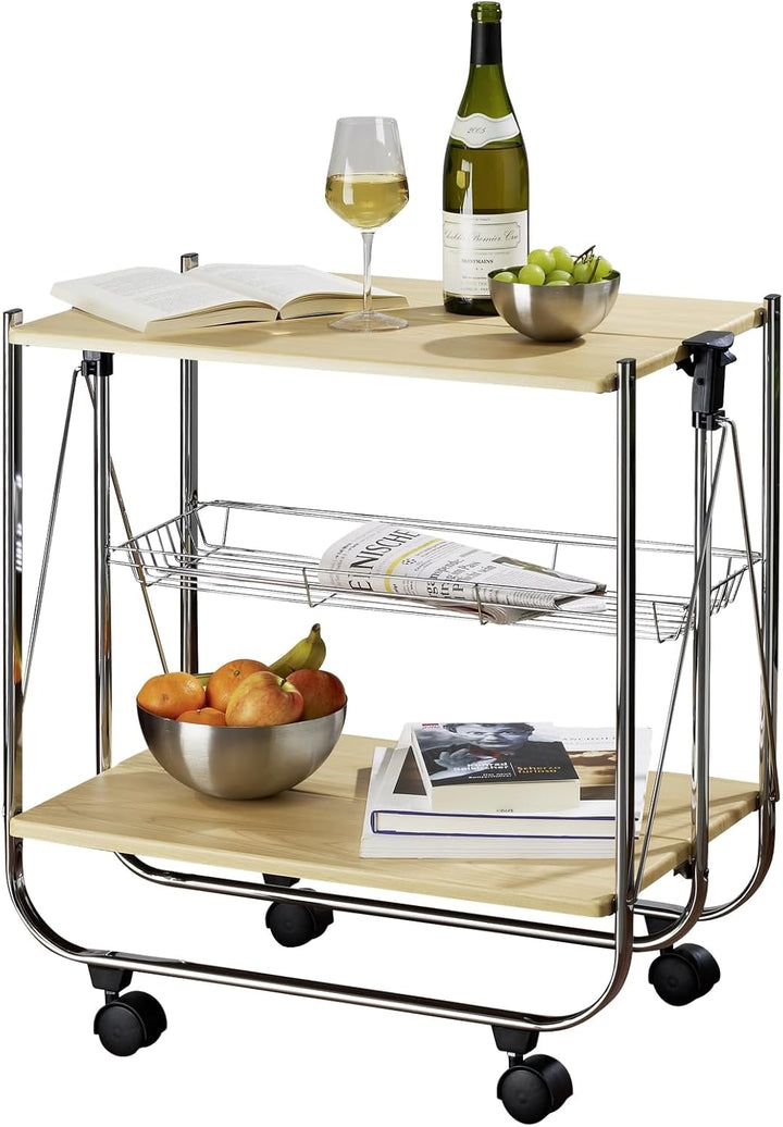 WENKO Servierwagen Dinett Deluxe Ahorn, 2 Ablageflächen & länglicher Gitterkorb, mit 4 leichtgängige