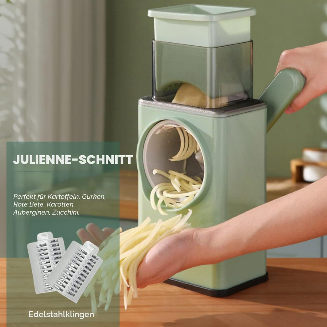 Rotierende Kartoffelreibe Küche Mandoline 3 in 1. Gemüseschneidetrommel, 3 Edelstahlklingen. Käserei