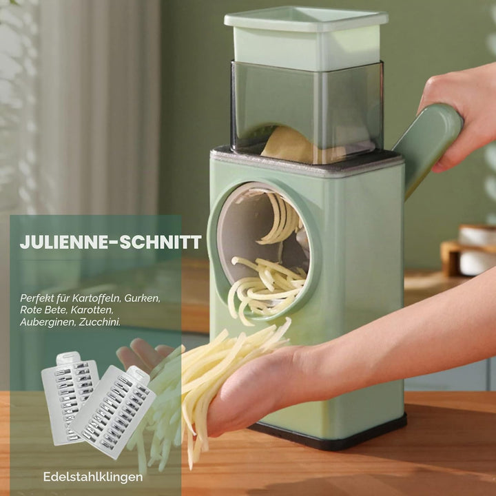 Rotierende Kartoffelreibe Küche Mandoline 3 in 1. Gemüseschneidetrommel, 3 Edelstahlklingen. Käserei