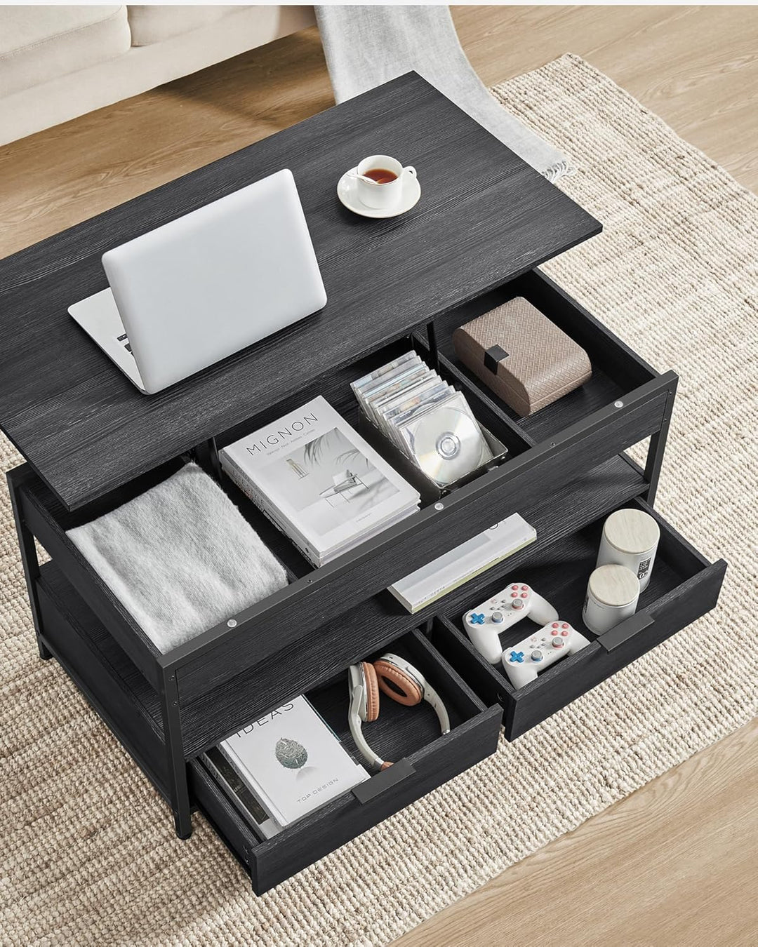 VASAGLE Couchtisch, höhenverstellbarer Wohnzimmertisch, Kaffeetisch, mit Schubladen, offenes Fach, a