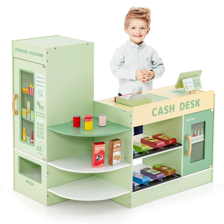 COSTWAY Kinder Kaufladen, Kaufmannsladen aus Holz mit Seitentheke, Supermarkt-Set mit Kasse, POS-Mas