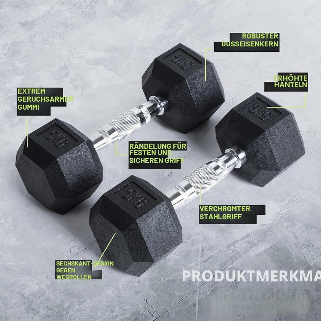 PhysKcal Hexagon Hanteln Poly-Gummierte | 2,5-20 kg | Rutschsicher Ummantelt | Ergonomische Verchrom