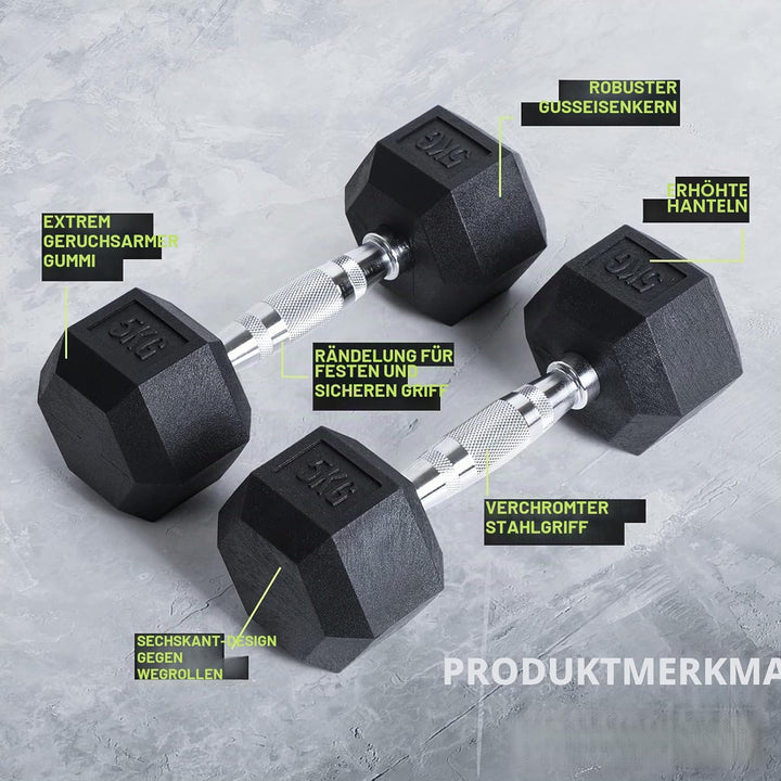 PhysKcal Hexagon Hanteln Poly-Gummierte | 2,5-20 kg | Rutschsicher Ummantelt | Ergonomische Verchrom