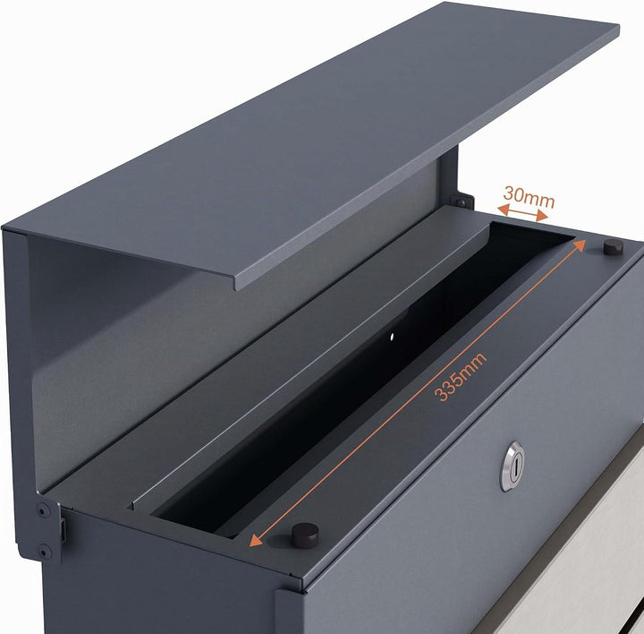 Briefkasten V64 Anthrazit und Edelstahl 410 x 130 x 370 mm, Wandbriefkasten mit Schloss, Soft Close