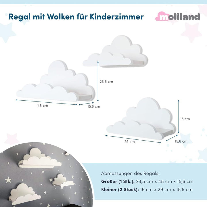 3er Set Wandregal Kinderzimmer Weiss | Babyzimmer Wolkenregal für Bücher, Spielzeug, Dekoration | Re