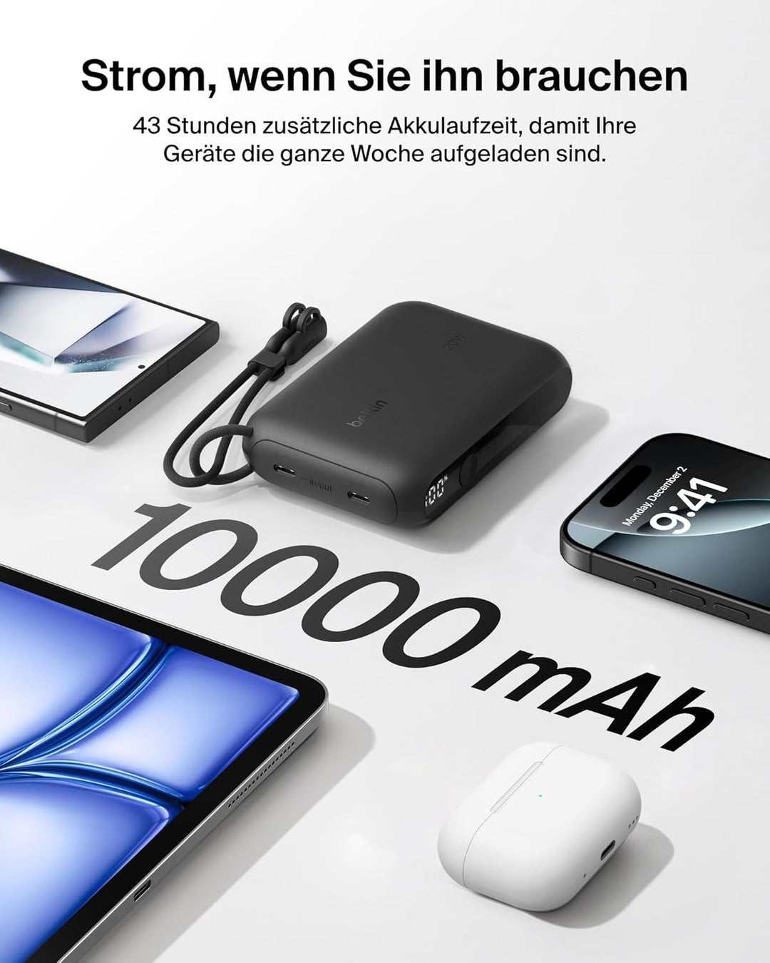 Belkin Powerbank 10.000 mAh, Powerbank mit 2 USB-C-Anschlüssen, Handyakkus mit Digitale Akkuanzeige,