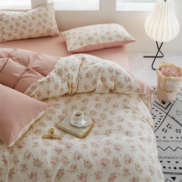 Freyamy Blumen Bettwäsche 135x200cm 2teilig Beige Rosa Grün Floral Mädchen Bettwaren-Sets Microfaser