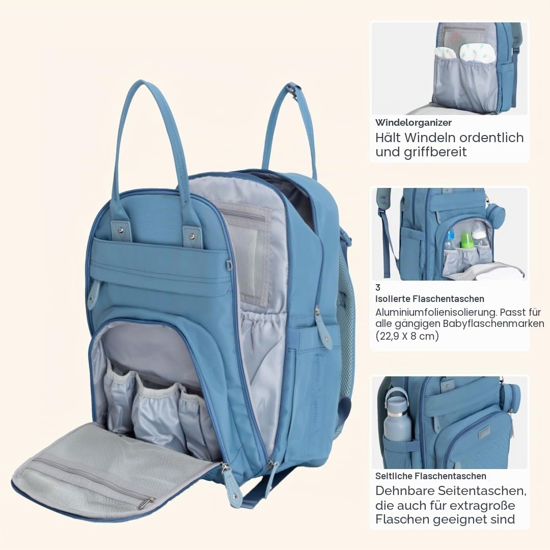 BabbleRoo Wickeltasche Rucksack – Grosse Kapazität, 17 Taschen, Wasserabweisend – mit Wickelauflage,