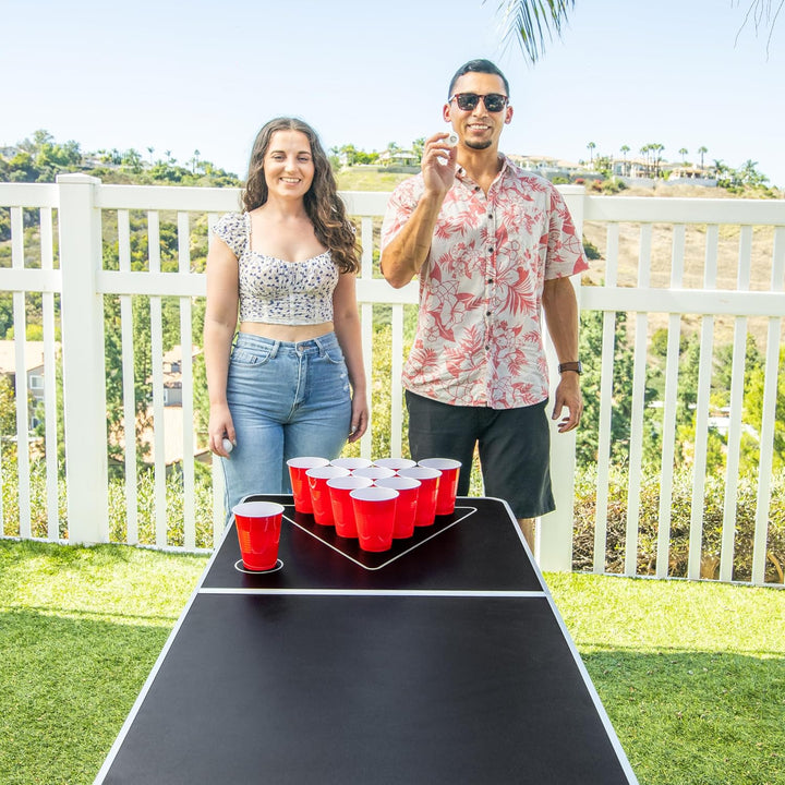 GoPong 2,4 m tragbare Beer Pong/Heckklappentische (schwarz, Fussball, amerikanische Flagge oder Cust