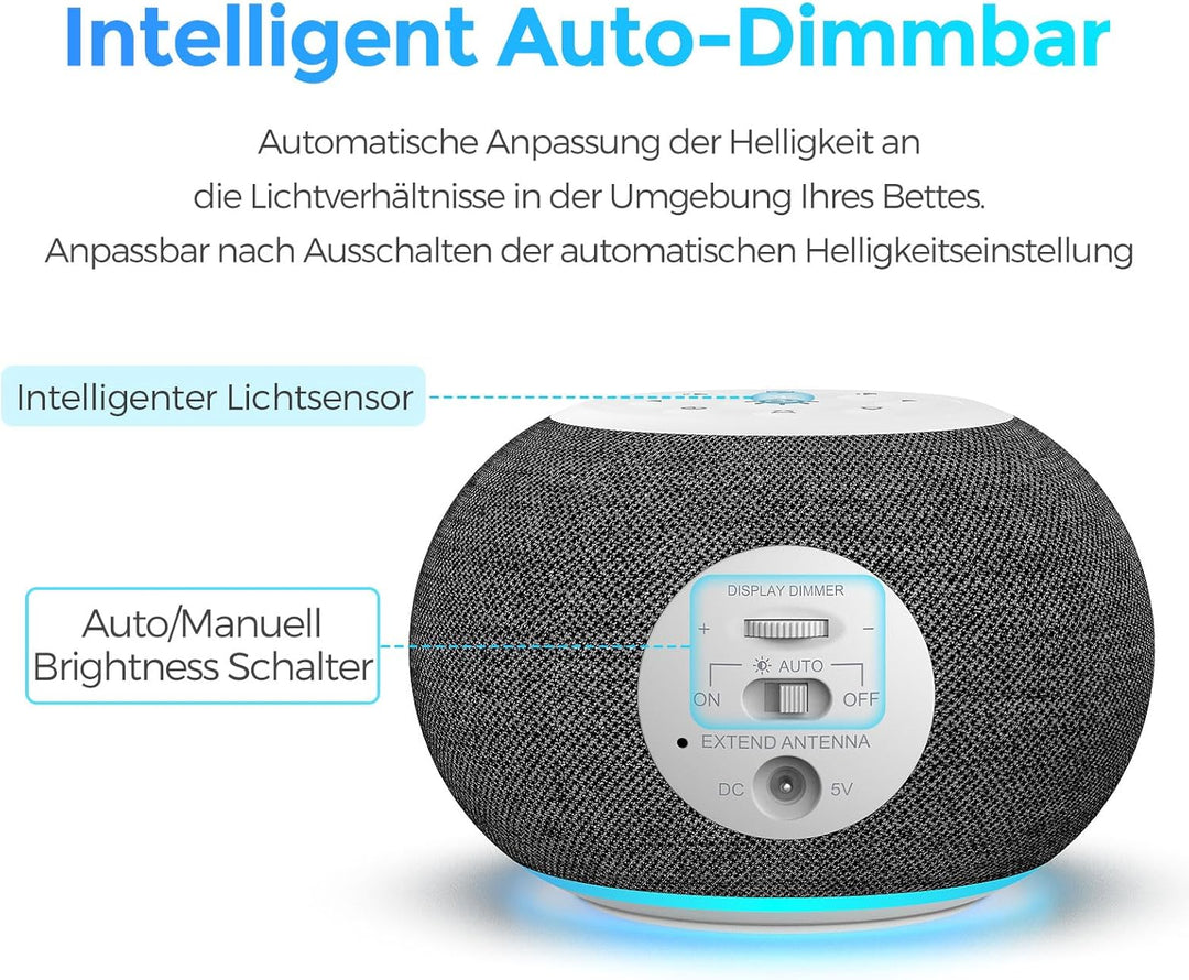REACHER Auto Dimmbare Radiowecker für das Schlafzimmer - 9-farbiges Nachtlicht, 0-100% Dimmer, 7 Ala