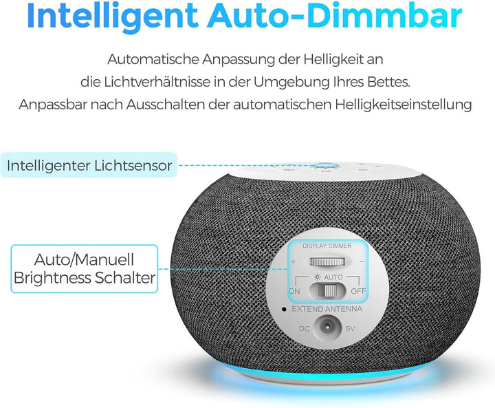 REACHER Auto Dimmbare Radiowecker für das Schlafzimmer - 9-farbiges Nachtlicht, 0-100% Dimmer, 7 Ala