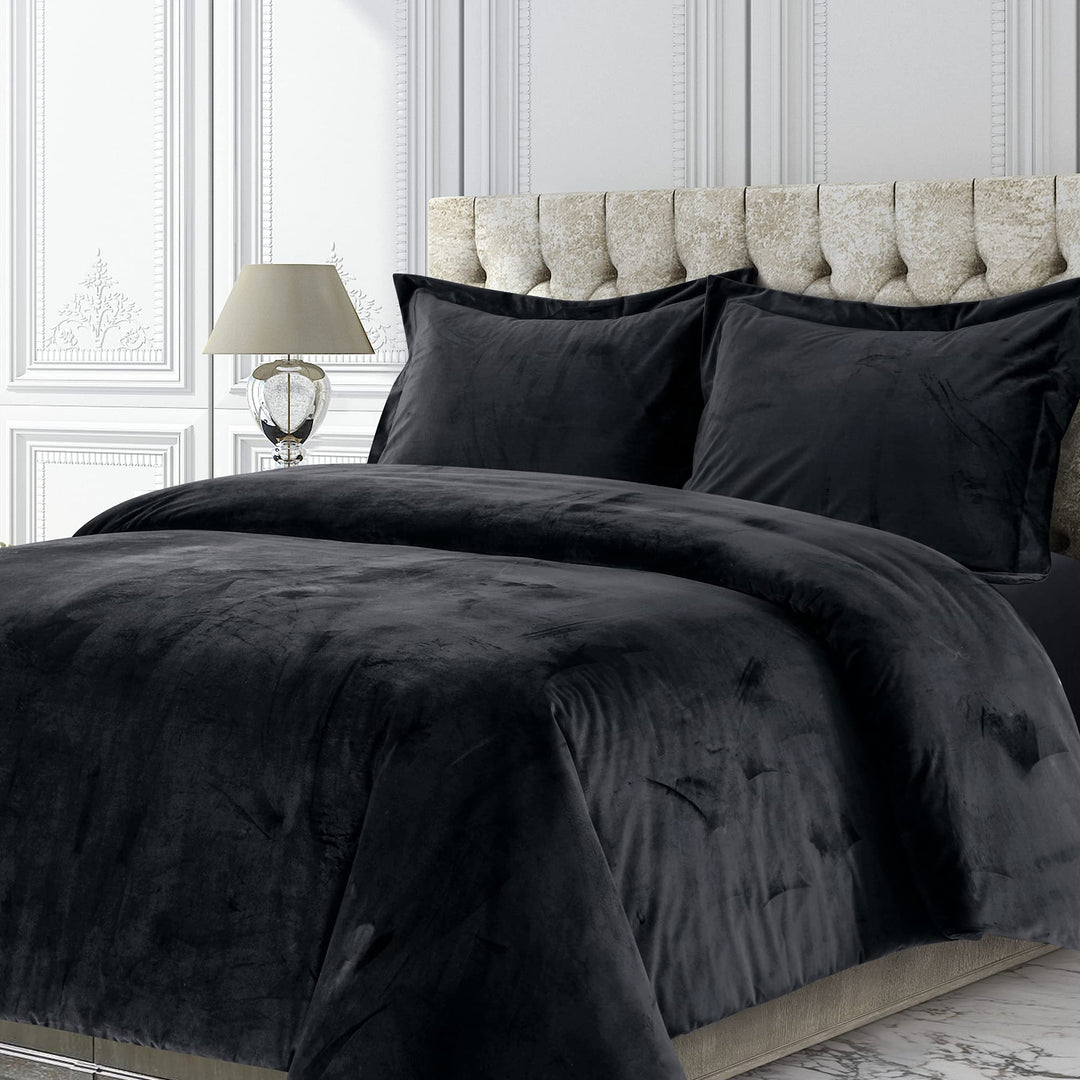 Tribeca Living Veniceduvetwbl Venice Bettbezug-Set, Samt, Übergrösse, einfarbig, Doppelbett, Schwarz