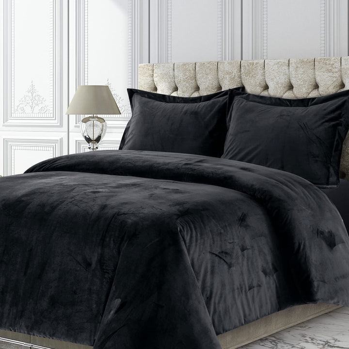 Tribeca Living Veniceduvetwbl Venice Bettbezug-Set, Samt, Übergrösse, einfarbig, Doppelbett, Schwarz